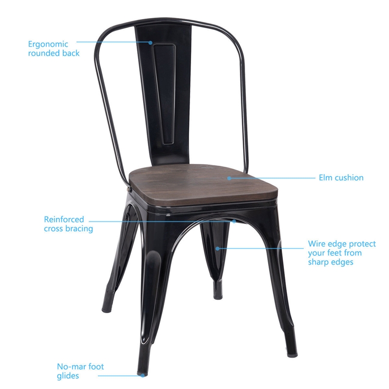 Pemberly Row Set of 4 Style Metal Dining Side Chair Wood Seat Stackable Black