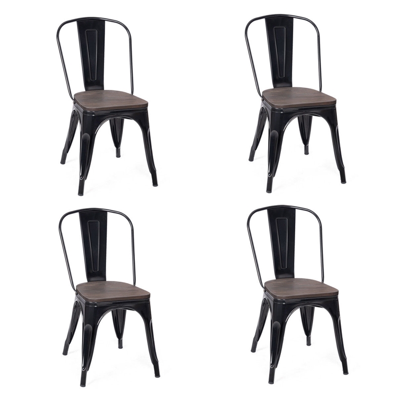Pemberly Row Set of 4 Style Metal Dining Side Chair Wood Seat Stackable Black