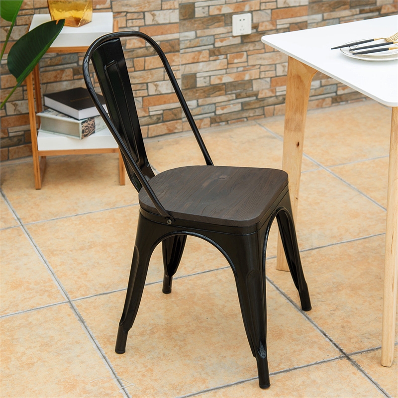 Pemberly Row Set of 4 Style Metal Dining Side Chair Wood Seat Stackable Black