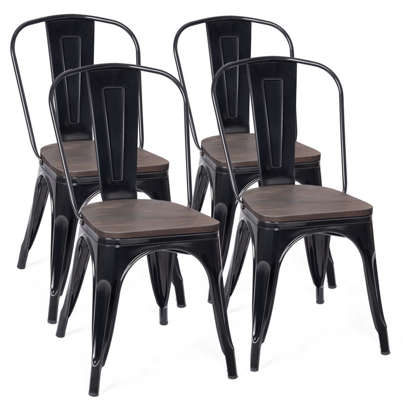 Pemberly Row Set of 4 Style Metal Dining Side Chair Wood Seat Stackable Black