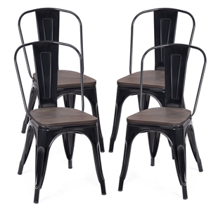 Pemberly Row Set of 4 Style Metal Dining Side Chair Wood Seat Stackable Black