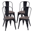 Pemberly Row Set of 4 Style Metal Dining Side Chair Wood Seat Stackable Black