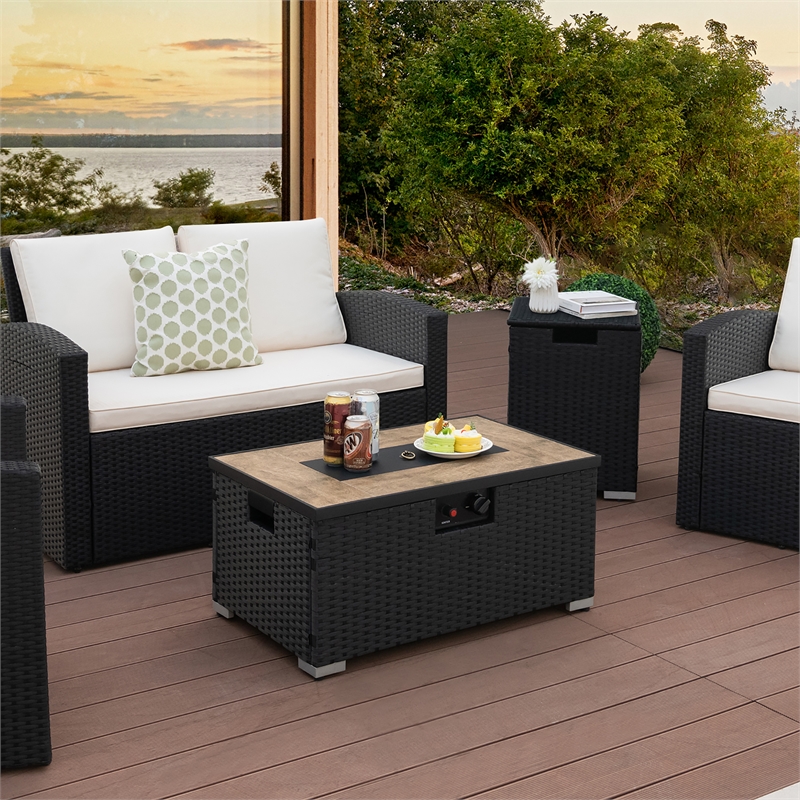 Pemberly Row 32''x 20'' Propane Fire Pit Table Set w/ Side Table Tank Black