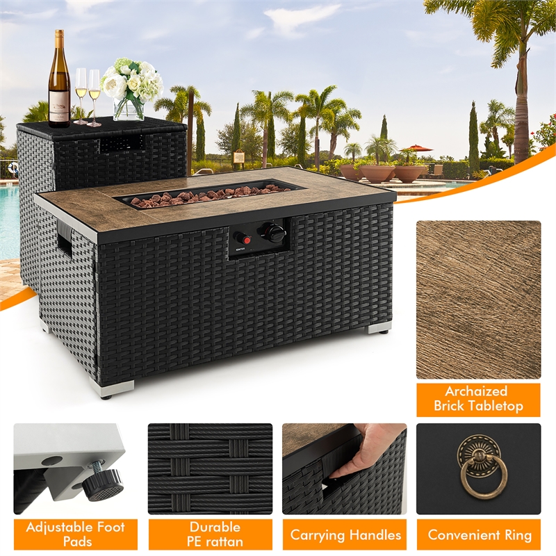 Pemberly Row 32''x 20'' Propane Fire Pit Table Set w/ Side Table Tank Black