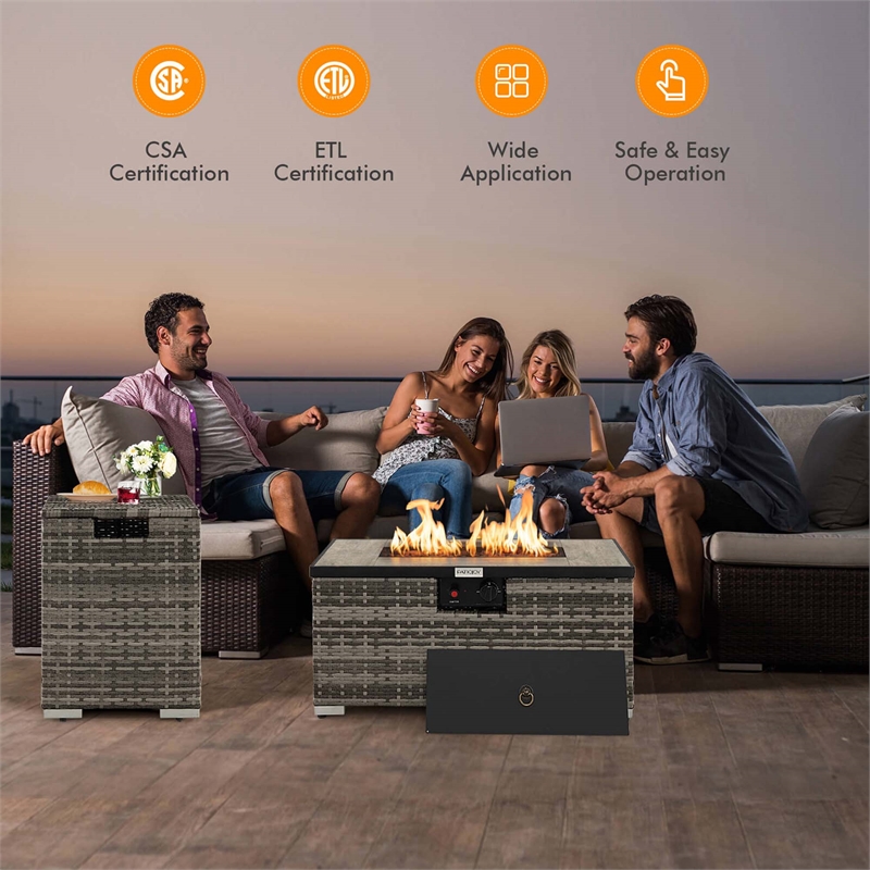 Pemberly Row 32''x 20'' Propane Fire Pit Table Set w/ Side Table Tank Gray