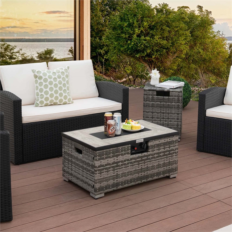 Pemberly Row 32''x 20'' Propane Fire Pit Table Set w/ Side Table Tank Gray