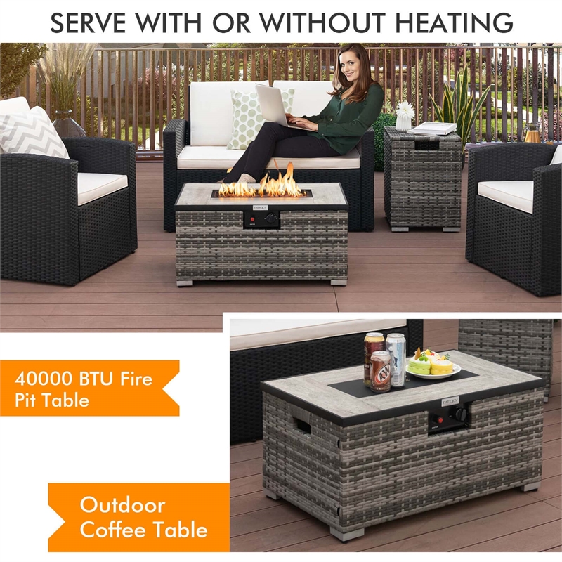 Pemberly Row 32''x 20'' Propane Fire Pit Table Set w/ Side Table Tank Gray