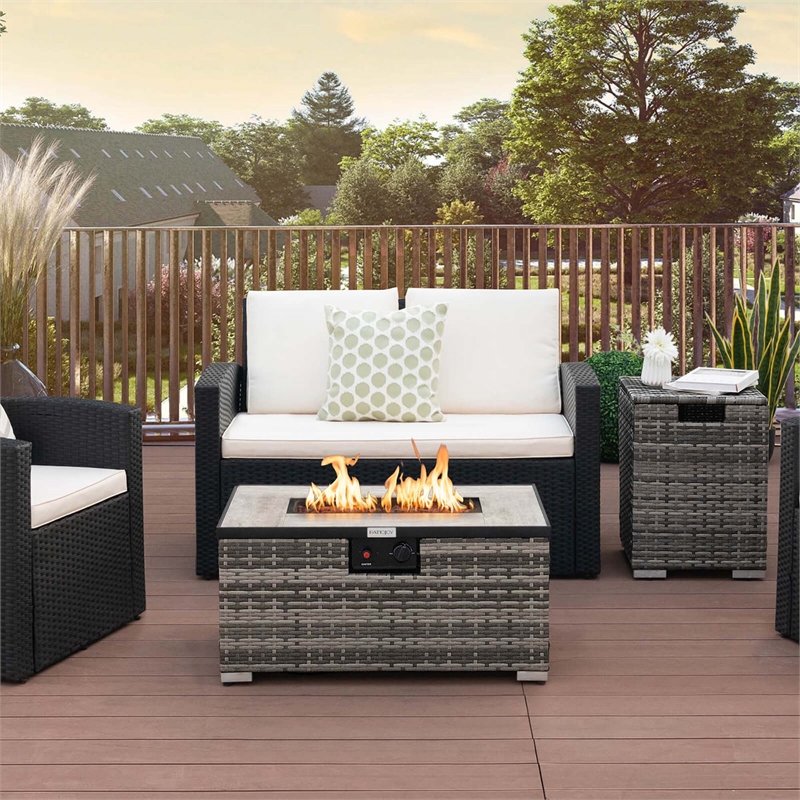Pemberly Row 32''x 20'' Propane Fire Pit Table Set w/ Side Table Tank Gray