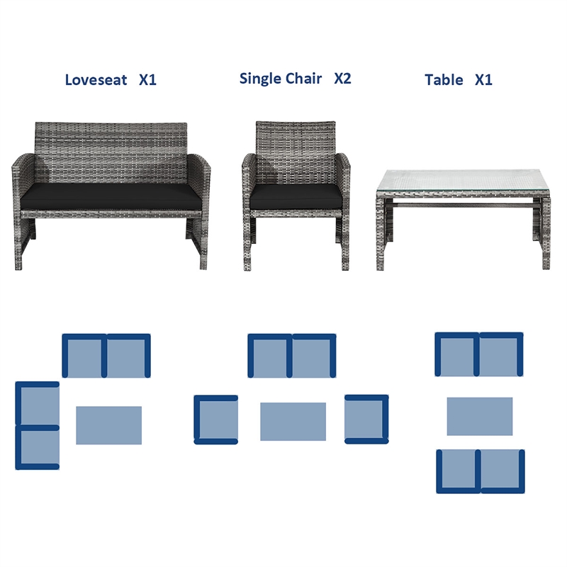 Pemberly Row 4PCS Patio Rattan Furniture Set Conversation Sofa Cushioned Black