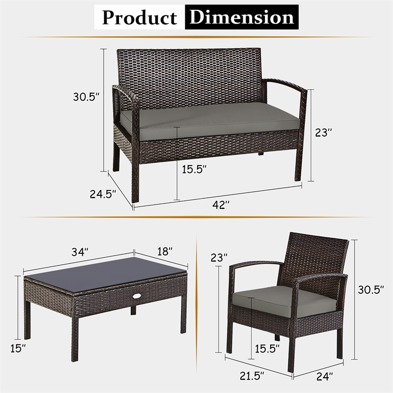 Pemberly Row 4PCS Patio Rattan Wicker Furniture Set Garden Yard Brown