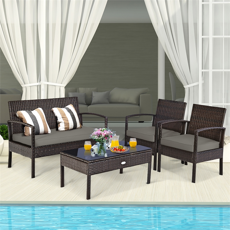 Pemberly Row 4PCS Patio Rattan Wicker Furniture Set Garden Yard Brown