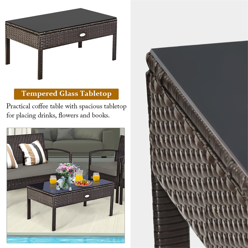 Pemberly Row 4PCS Patio Rattan Wicker Furniture Set Garden Yard Brown