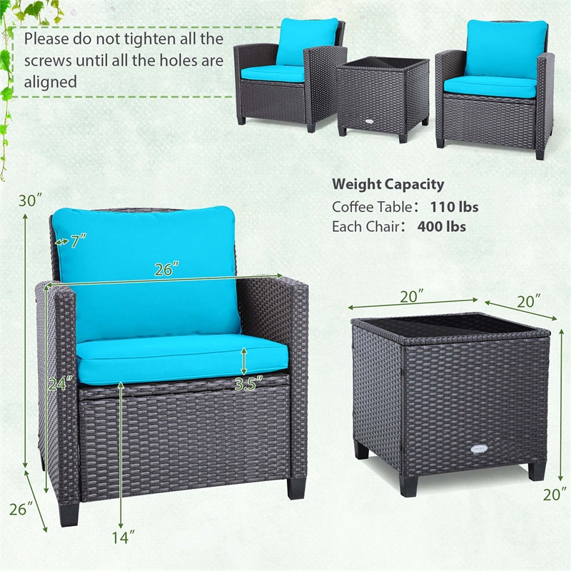 Pemberly Row 3PCS Patio Set Cushioned Conversation Set Sofa Beige Turquoise