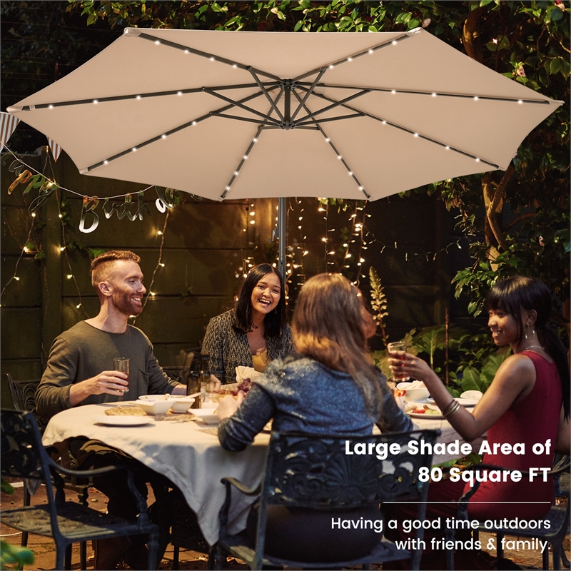 Pemberly Row 10FT Hanging Offset Umbrella 32 LED Lights Beige