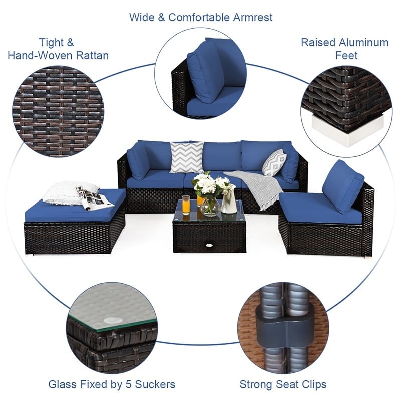 Pemberly Row 6PCS Outdoor Patio Rattan Furniture Set Sectional Sofa Navy
