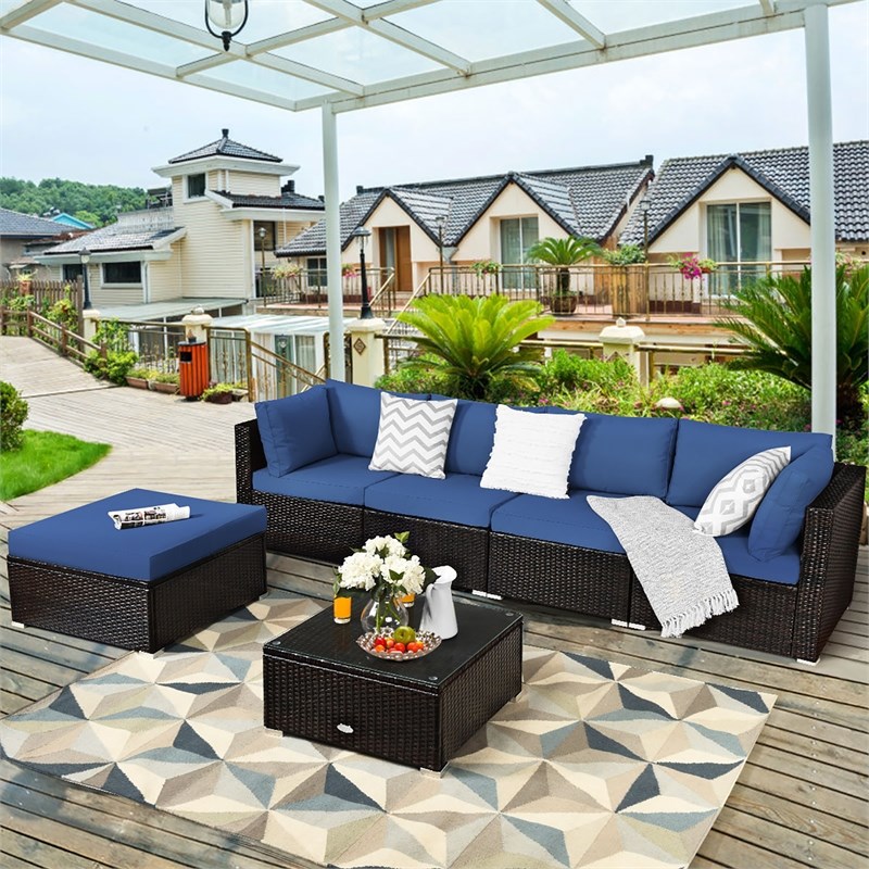 Pemberly Row 6PCS Outdoor Patio Rattan Furniture Set Sectional Sofa Navy