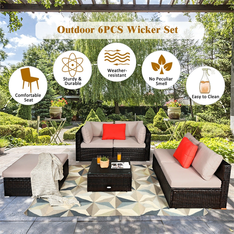 Pemberly Row 6PCS Outdoor Patio Rattan Furniture Set Sectional Sofa Brown