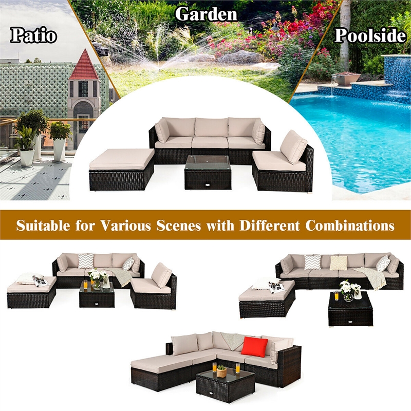 Pemberly Row 6PCS Outdoor Patio Rattan Furniture Set Sectional Sofa Brown