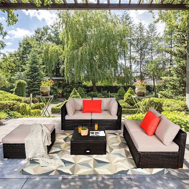 Pemberly Row 6PCS Outdoor Patio Rattan Furniture Set Sectional Sofa Brown