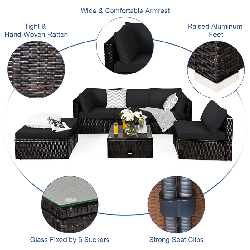 Pemberly Row 6PCS Outdoor Patio Rattan Furniture Set Sectional Sofa Black