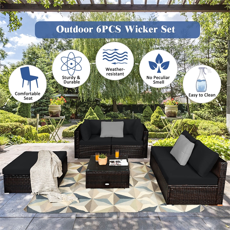 Pemberly Row 6PCS Outdoor Patio Rattan Furniture Set Sectional Sofa Black