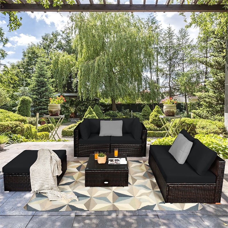 Pemberly Row 6PCS Outdoor Patio Rattan Furniture Set Sectional Sofa Black
