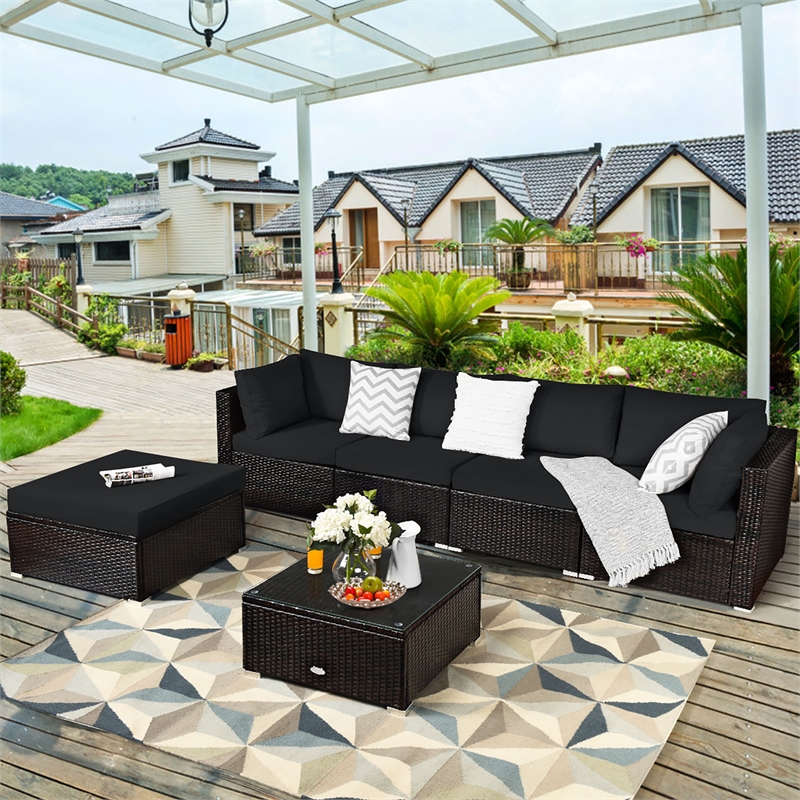 Pemberly Row 6PCS Outdoor Patio Rattan Furniture Set Sectional Sofa Black