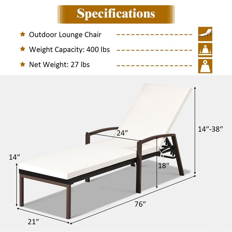 Pemberly Row 2PCS Patio Rattan Lounge Chair Chaise Recliner Back White