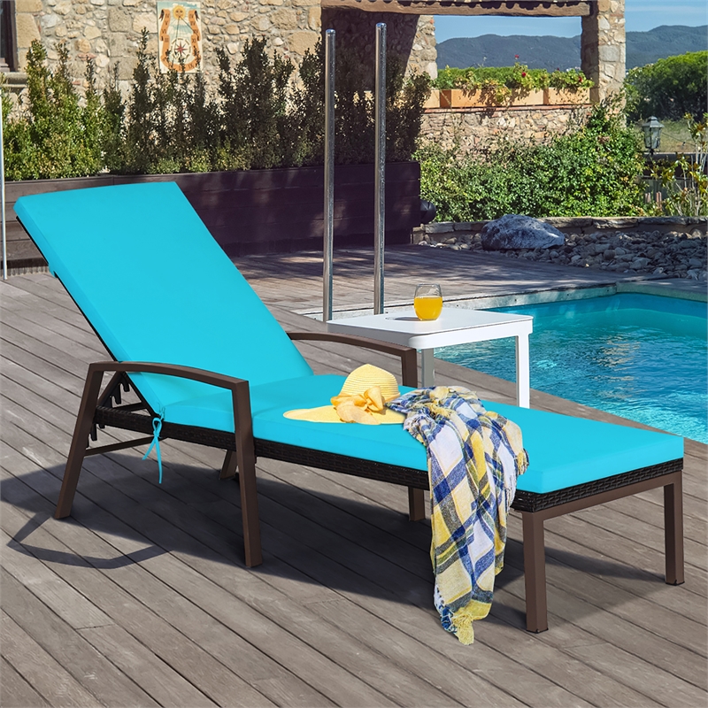Pemberly Row 2PCS Patio Rattan Lounge Chair Chaise Recliner Back Turquoise