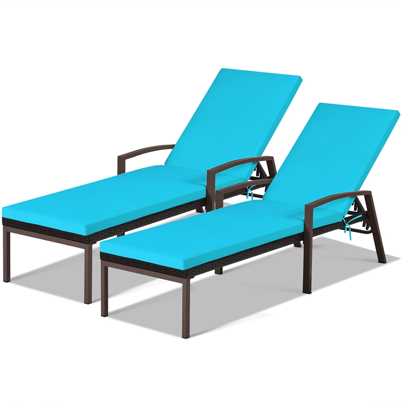 Pemberly Row 2PCS Patio Rattan Lounge Chair Chaise Recliner Back Turquoise