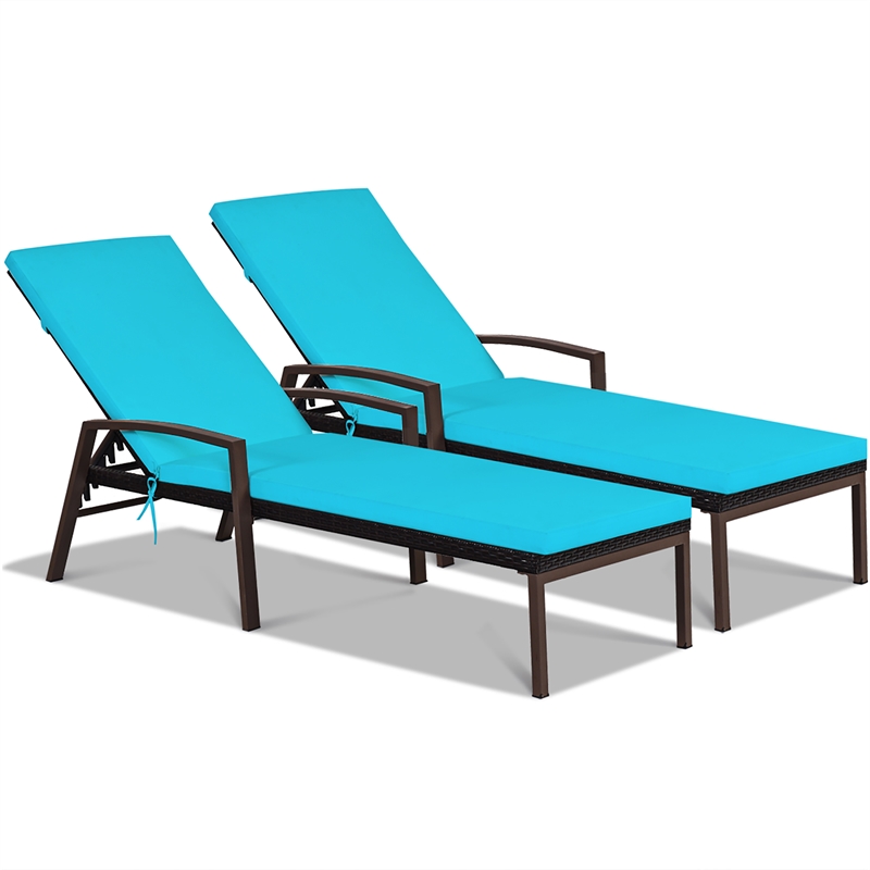 Pemberly Row 2PCS Patio Rattan Lounge Chair Chaise Recliner Back Turquoise