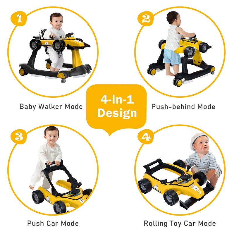 Pemberly Row 4-in-1 Baby Walker Foldable Activity Push Walker Adjustable Yellow