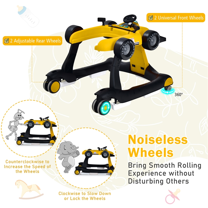 Pemberly Row 4-in-1 Baby Walker Foldable Activity Push Walker Adjustable Yellow
