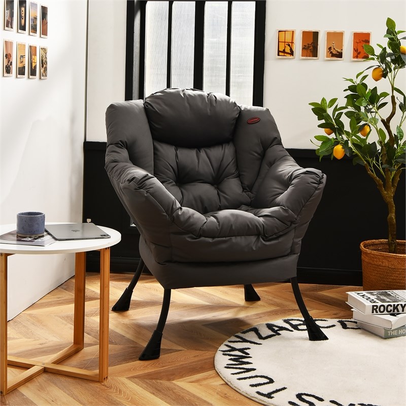 Pemberly Row Polyester Fabric Lazy Chair Single Sofa Chair w/ Side Pocket Gray