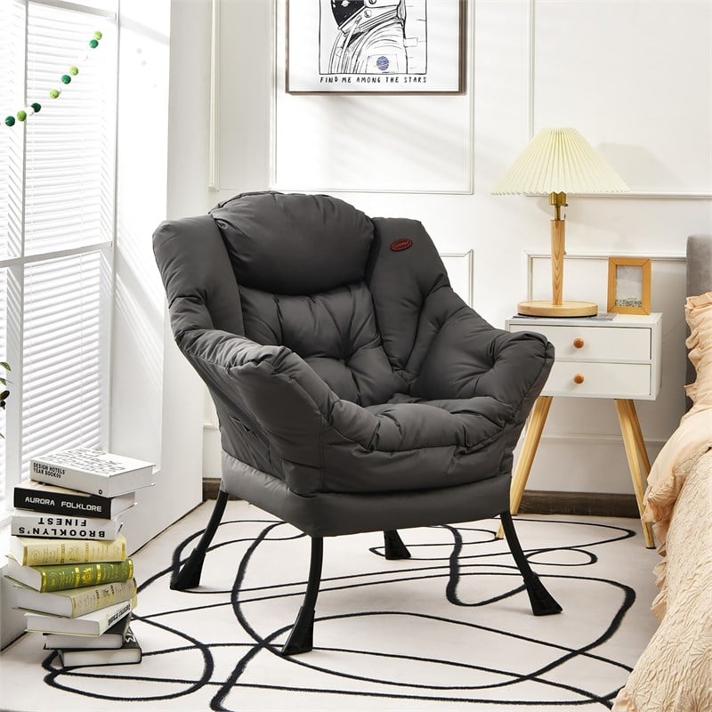 Pemberly Row Polyester Fabric Lazy Chair Single Sofa Chair w/ Side Pocket Gray