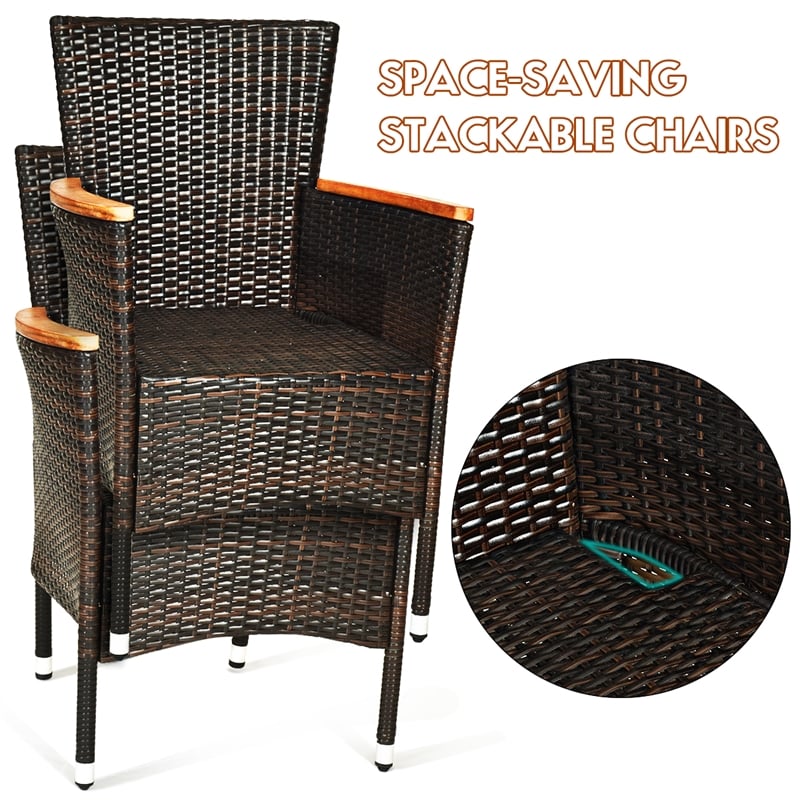 Pemberly Row 7PCS Patio Rattan Dining Set 6 Stackable Chairs Cushioned Brown