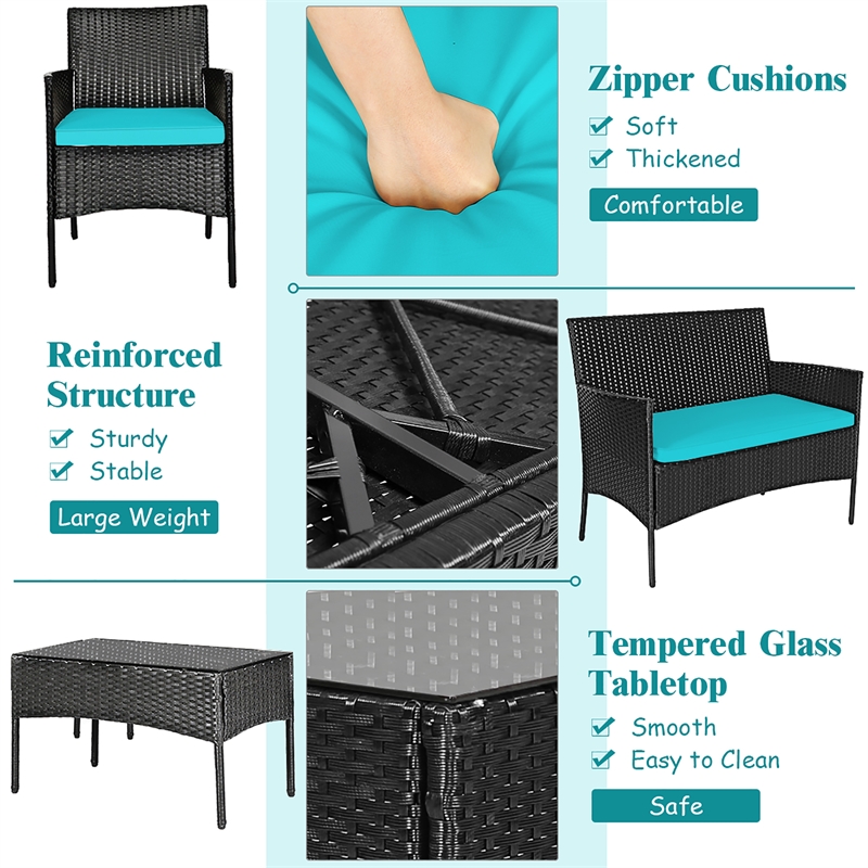 Pemberly Row 4PCS Patio Rattan Furniture Set Cushioned Sofa Turquoise