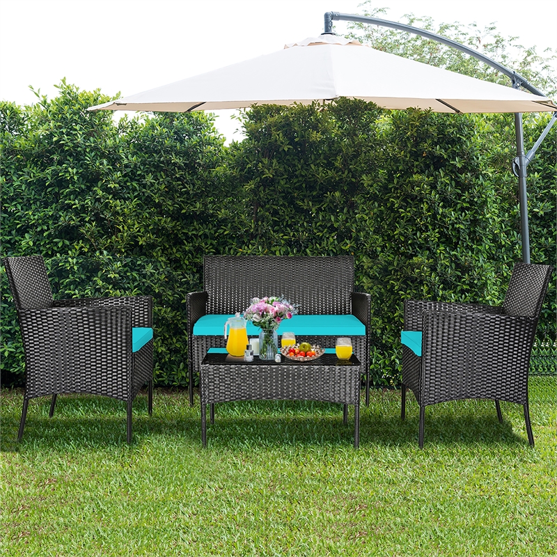 Pemberly Row 4PCS Patio Rattan Furniture Set Cushioned Sofa Turquoise