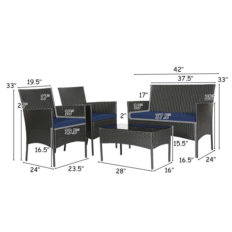 Pemberly Row 4PCS Patio Rattan Furniture Set Cushioned Sofa Navy