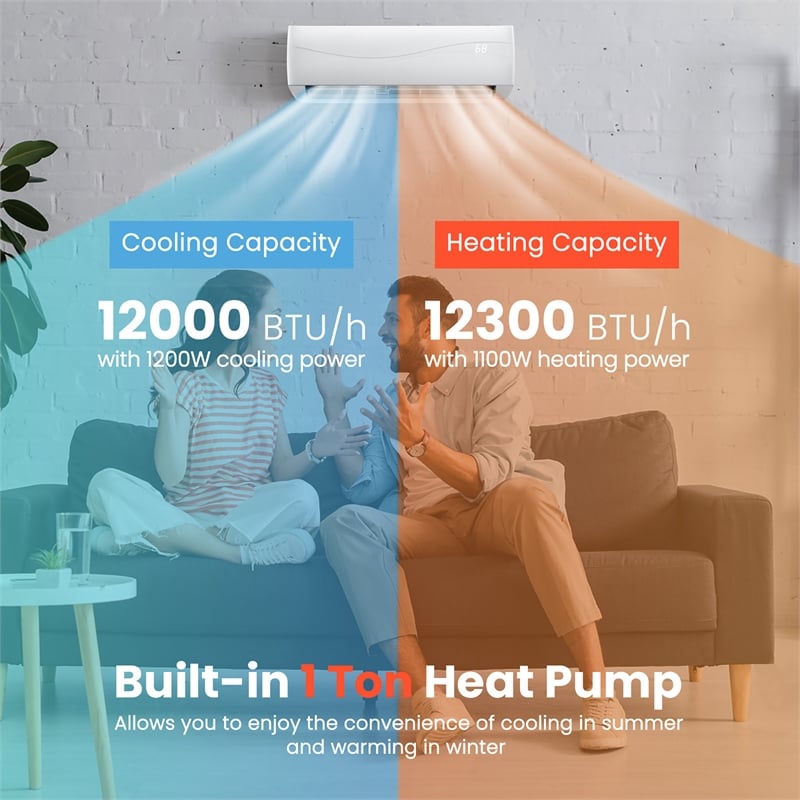 Pemberly Row 12000 BTU Air Conditioner &Heater Wall Mounted AC Unit White