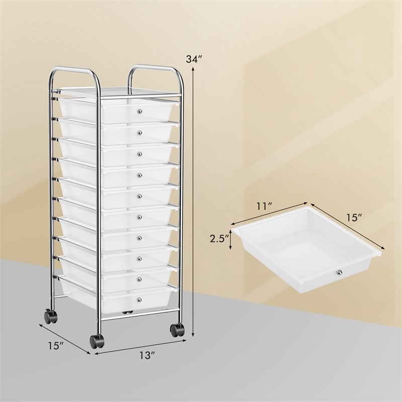 Pemberly Row 10 Drawer Rolling Storage Cart Paper Office School Organizer Clear
