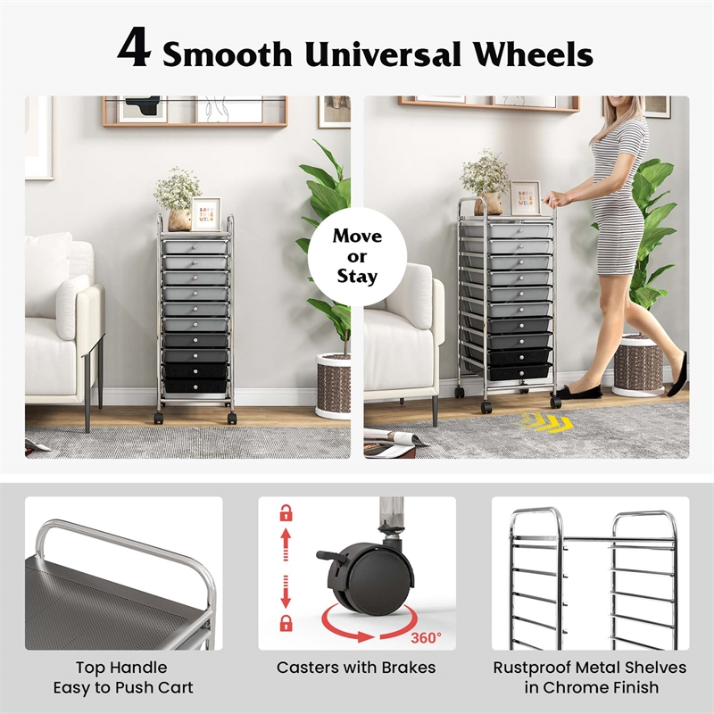 Pemberly Row 10 Drawer Rolling Storage Cart Paper Office School Organizer Black