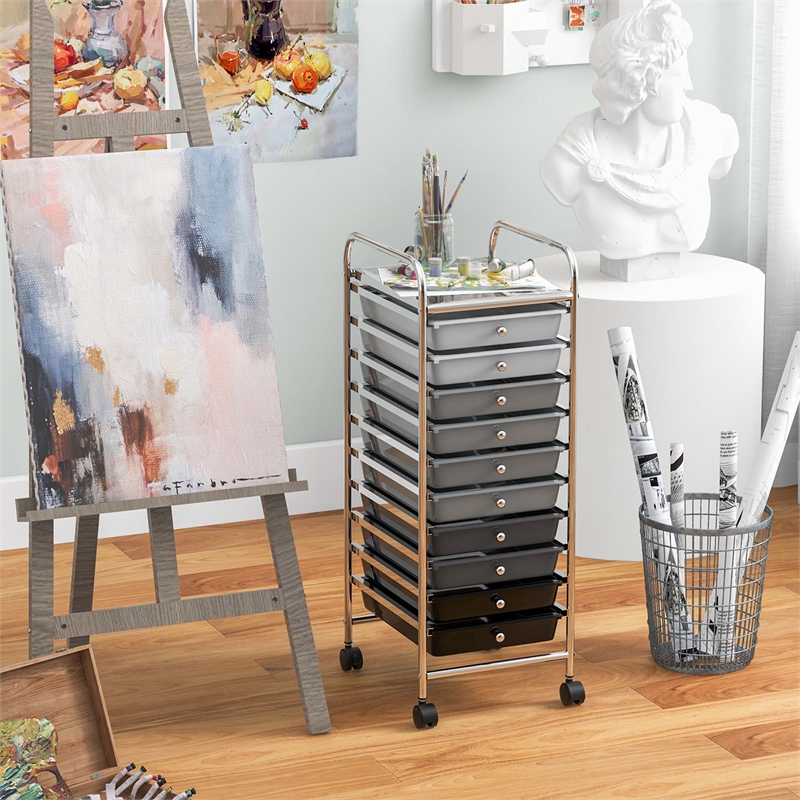 Pemberly Row 10 Drawer Rolling Storage Cart Paper Office School Organizer Black