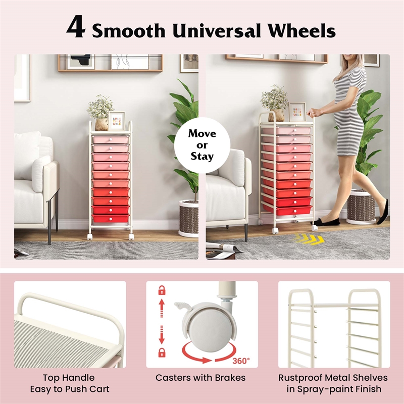 Pemberly Row 10 Drawer Rolling Storage Cart Paper Office School Organizer Pink