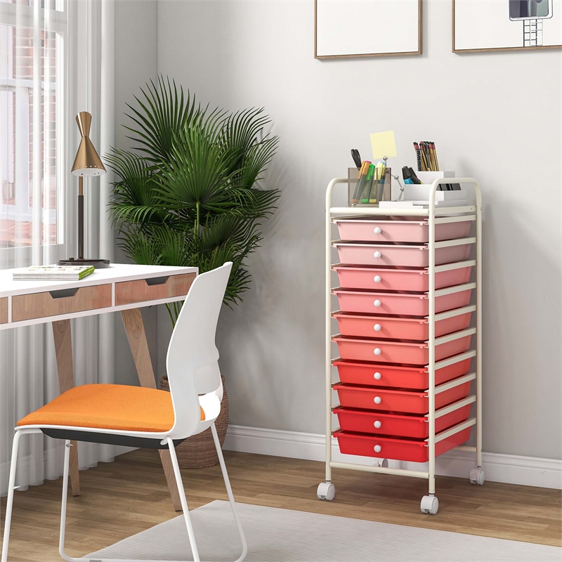 Pemberly Row 10 Drawer Rolling Storage Cart Paper Office School Organizer Pink
