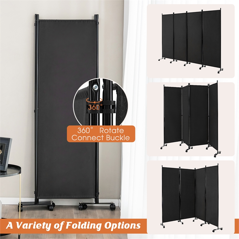 Pemberly Row 4 Panel Folding Room Divider 6FT Rolling Privacy Screen Black