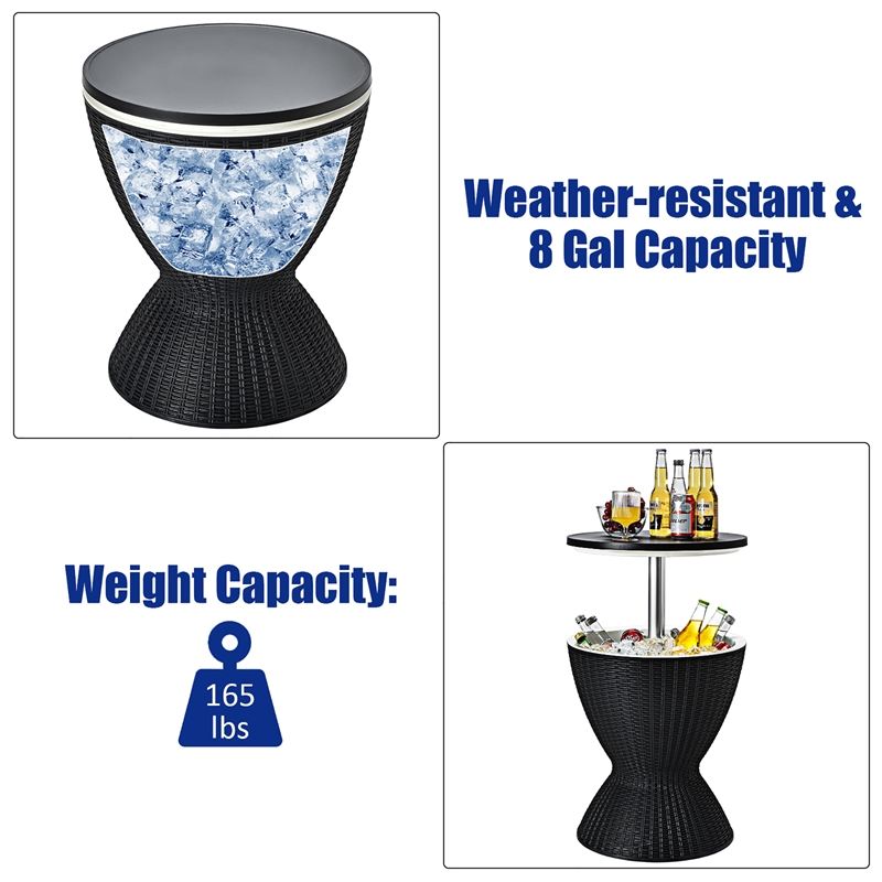 Pemberly Row 8 Gallon 3-1 Patio Rattan Cooler Bar Table Adjust Ice Bucket Black