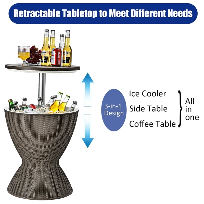 Pemberly Row 8 Gallon 3-1 Patio Rattan Cooler Bar Table Adjust Ice Bucket Brown