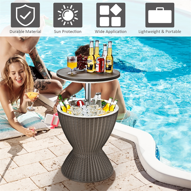 Pemberly Row 8 Gallon 3-1 Patio Rattan Cooler Bar Table Adjust Ice Bucket Brown