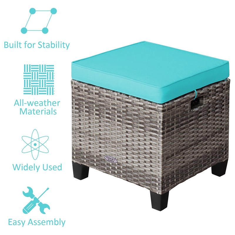 Pemberly Row 2PCS Patio Rattan Cushioned Ottoman Seat Foot Rest Turquoise